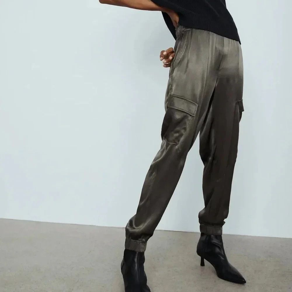 Melissa Nepton Sandra Pull-on Silky Dark Olive Satin Cargo Jogger Pants  Size M